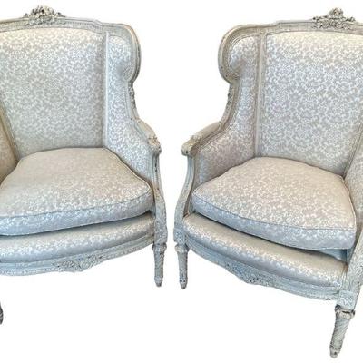 French Louis XVI Style Ornate Wing Back Chairs, Pair
