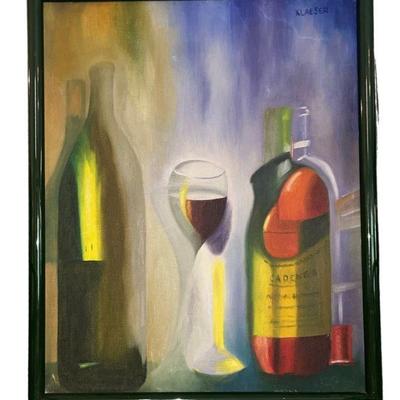 Mid Century Acrylic on Canvas Wine Still Life, Signed KLASER
