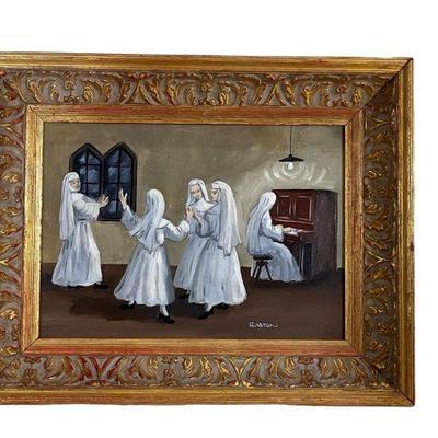 Mid Century Oil on Board Nuns Dancing Signed EASTON
