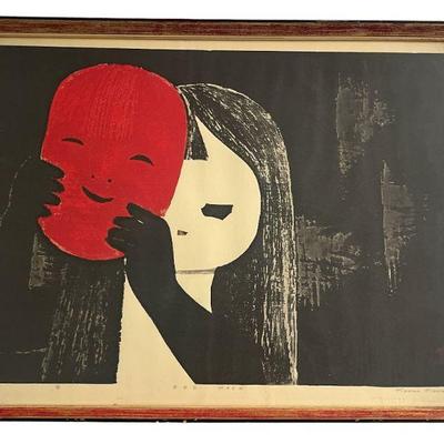 Mid Century KAORU KAWANO "Red Mask" Japanese Wood Block Print

