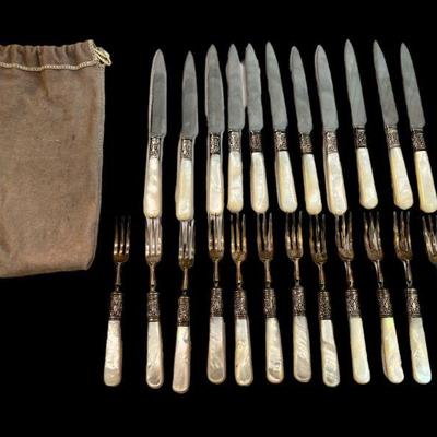 English Mother of Pearl Sterling Silver Flatware, 20+ Pcs.
