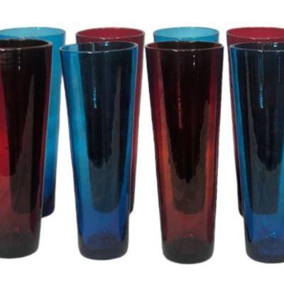 Collection Mid Century Glass Tumblers, 6 Blue 6 Red
