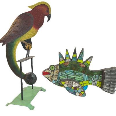 Two Folk Art Animal Sculptures, Parrot, Lionfish
