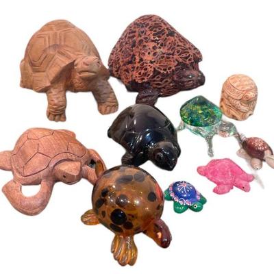 Ten Figural Turtle Sculptures, Art Glass, Carved Wood
