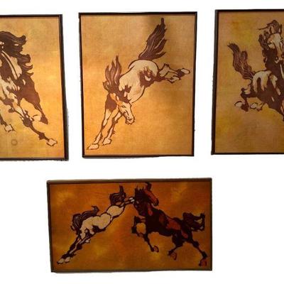 Four Mid Century Dyed Silk Works of Horses
