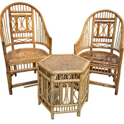 Mid Century Rattan & Bamboo Barrel Chairs and Drink Table
