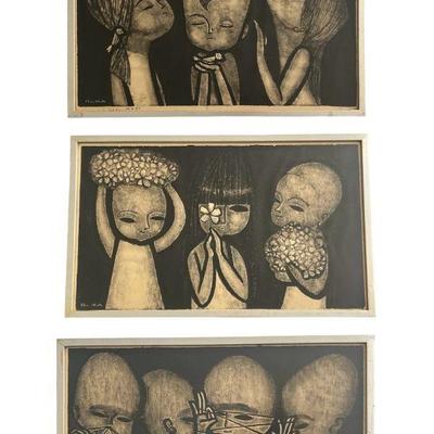 Three Mid Century SHUZO IKEDA Japanese Woodblock Prints
