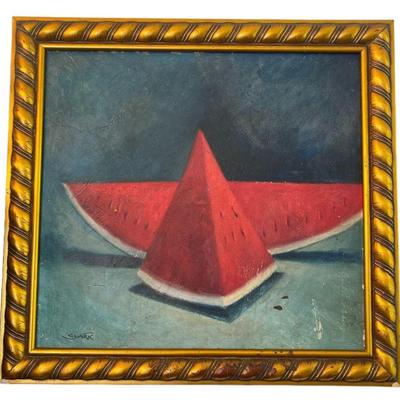 Surrealist Mid Century Watermelon Acrylic on Board, Signed CLARK
