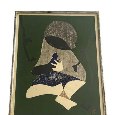 Mid Century KAORU KAWANO "Conversation" Japanese Wood Block Print
