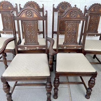 (6) Antique, Ornate Jacobean Revival Dining Chairs, includes 1 Host Chair