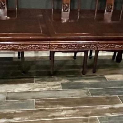 Chinoiserie Mahogany Dining Table w/ Ornately Carved Bird & Flower