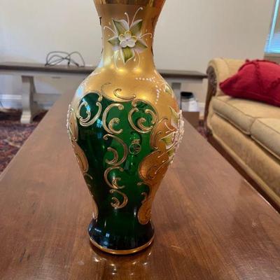Venetian emerald green glass, hand-painted, gold gilt vase, signed by artist (angle 1)