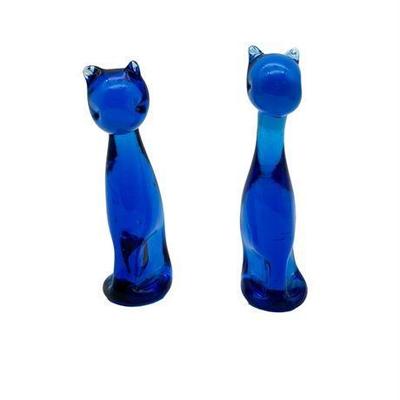 Lot 423  
Vintage MCM Cobalt Blue Art Glass Cat Figurines (2ct)