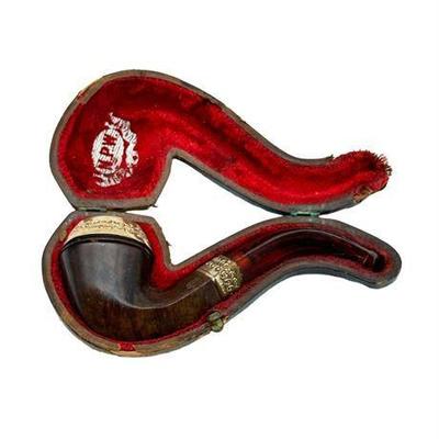Lot 432  
N.P.W Tobacco Pipe with Brass Inlay and Leather Case