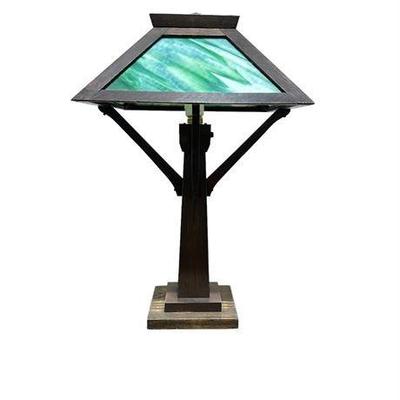 Lot 564  
Vintage American W. B. Brown & Co Green Slag Glass Lamp with Oak Base