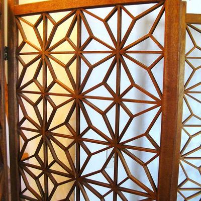 Mid-Century Modern Geometric Wood 4 Panel Screen or Divider