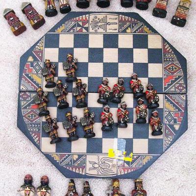 Vintage Peru Chess Set Hand Painted & Made Spaniards Vs Incas Hex Agonal Board/Box