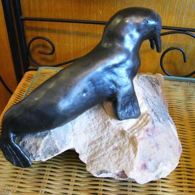 Walrus Bronze Sculpture on Stone