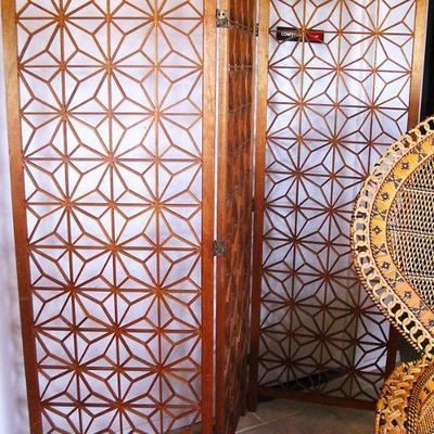 Mid-Century Modern Geometric Wood 3 Panel Screen or Divider