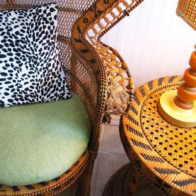 Vintage Wicker Peacock Chairs and Matching Table