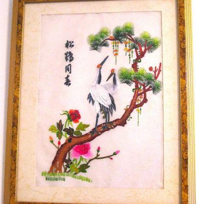 Vintage Chinese Silk Embroidered Cranes Framed Art Signed