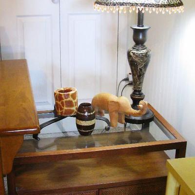 Wood Ratan Doors Glass Top Side Table