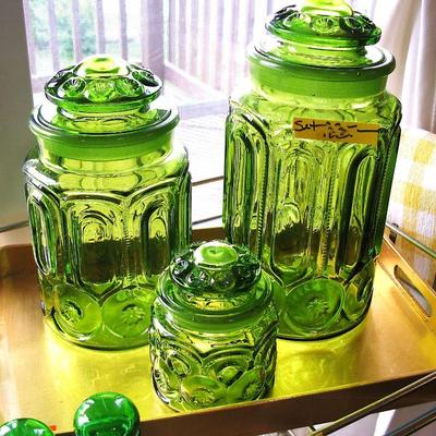 Le Smith Emerald Green Glass Moon & Stars Canister Set