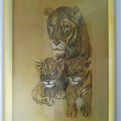 Vintage "African Lioness and Cubs" Lithograph Print Hans Paul Luetcke