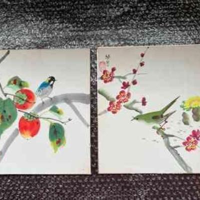 PPE155- (2) Original Plum & Blossom Bird Paintings