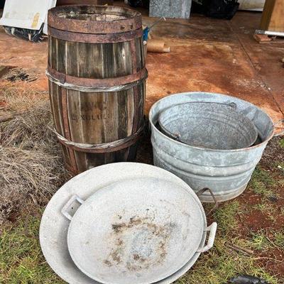 PPE217- Metal Buckets & Woks Together With Vintage Wooden Barrel