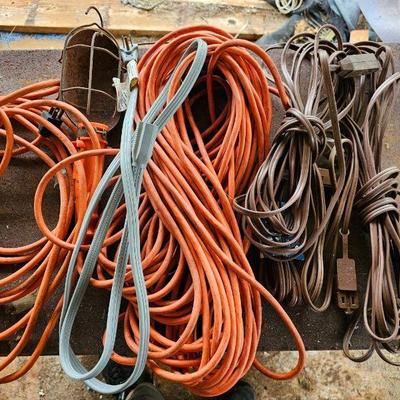 PPE177-Lot Of Assorted Power Extension Cords/Shop Lights/Jumper Cable