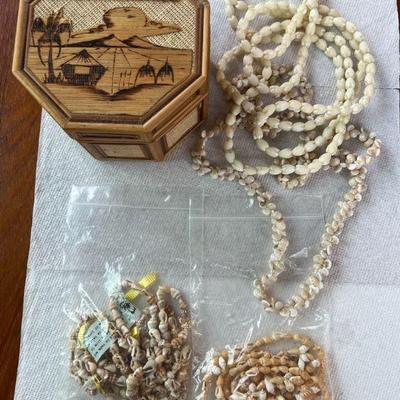 PPE233- Assorted Shell Necklace, Acrylic Pikake Necklace & Woven Octogen Jewelry Box