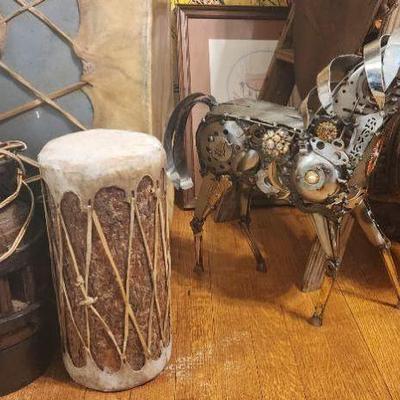Powwow drum, Hollowed pine Taramarah Hand Drum, Antique Wagon Wheel lamp, Pre-Columbian carved wooden Trapadero Show Stirrups. Mid-Mod...