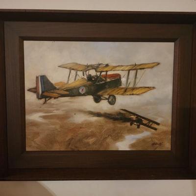 Original oil, John Kelly WWI, Biplane Battle 