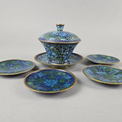Lot 6 | Vintage Multi Blue Tone Cloisonne Jar & Dishes