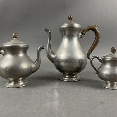 Lot 501 | Royal Holland Pewter Teapot, Creamer and Sugar