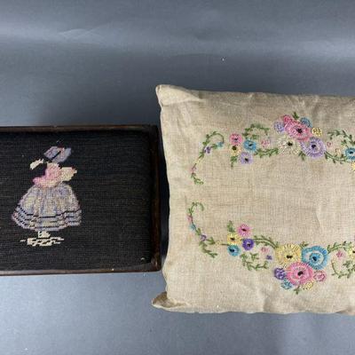 Lot 465 | Petite Pointe Wood Stool and Embroidered Pillow