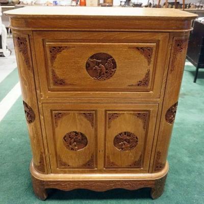 1077	ASIAN CARVED WOOD BAR CABINET, APPROXIMATELY 32 IN X 17 IN X 41 IN HIGH
