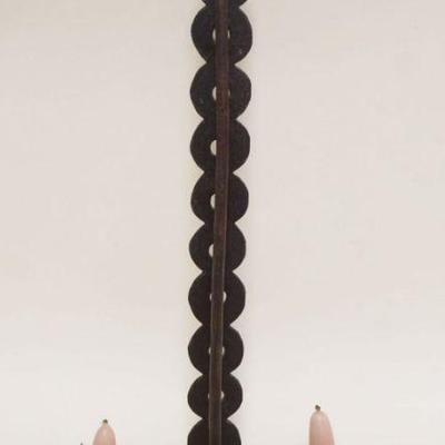 1250	PRIMITIVE WROUGHT IRON ADJUSTABLE, HANGING DOUBLE CANDLE HOLDER, APPROXIMATELY 16 IN HIGH LOWERED
