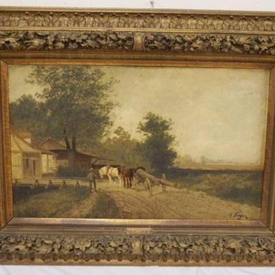 1147	LUDWIG FUGER GERMAN 19TH CENTURY OIL PAINTING ON CANVAS, IMAGE OF MAN WITH HORSES PULLING A CART WITH LOGS, APPROXIMATELY 27 IN X 38...