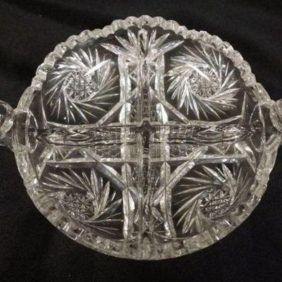 1100	BRILLIANT CUT GLASS DOUBLE HANDE DIVIDED BOWL, APPROXIMATELY 10 IN X 7 IN X 3 IN H
