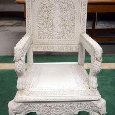 1070	WHITE PAINTED CARVED WOODEN ASIAN ARMCHAIR W/ELEPHANT HEADS & SERPENT FEET, APPROXIMATELY 47 IN HIGH

