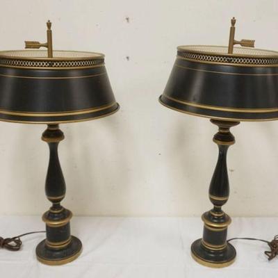1122	PAIR OF VINTAGE METAL TABLE LAMPS WITH TIN SHADES, EACH APPROXIMATELY 28 IN H
