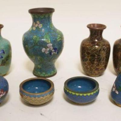 1029	GROUP OF ASSORTED CLOISONNE VASES, SALTS, TALLEST PIECE APPROXIMATELY 4 1/4 IN HIGH
