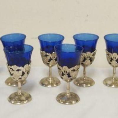 1118	10 COBALT METAL STEMMED CORDIALS AND SILVER PLATE COLBALT GLASS LINED COFFEE CONTAINER
