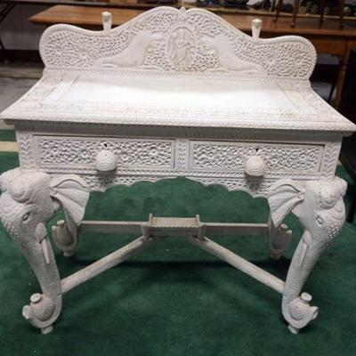 1072	WHITE PAINTED CARVED WOODEN ASIAN DESK, 2 DRAWERS W/CARVED BACK BOARD, SERPENT HEADS & ELEPHANT FEET, APPROXIMATELY 39 IN X 20 IN X...