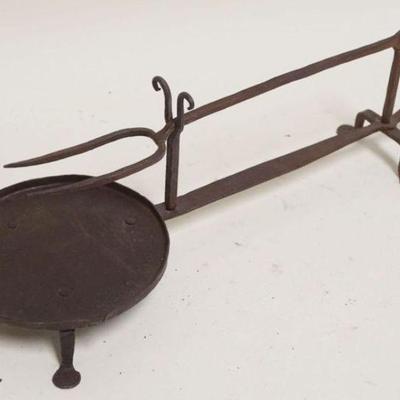 1221	PRIMITIVE HAND FORGED METAL FORK AND DRIP PAN, APPROXIMATELY 19 IN X 7 IN X 6 IN H
