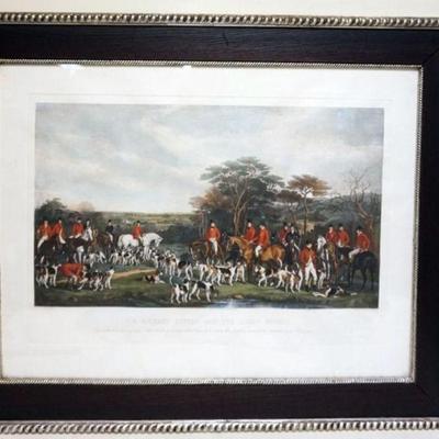 1143	LARGE FRAMED *SIR RICHARD SUTTON AND THE QUORN HOUNDS* COLORED ENGRAVING HUNT SCENE, APPROXIMATELY 34 IN X 42 IN OVERALL
