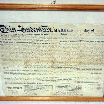 1154	FRAMED 1834 INDENTURE, MONTGOMERY CO. APPROXIMATELY 18 IN X 22 IN
