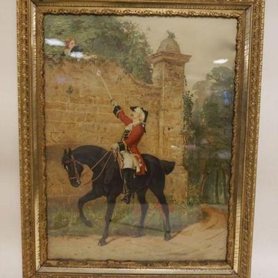 1142	VICTOR ART PRINT, SOLIDER PASSING NOTE TO A YOUNG LADY BEHIND STONE FENCE TOP, 1880, APPROXIMATELY 28 IN X 37 1/4 IN OVERALL
